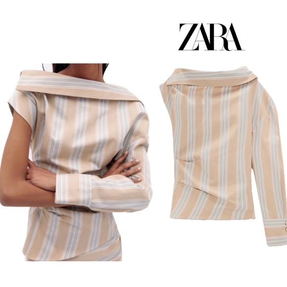 Zara Tops - Zara beige striped asymmetrical one shoulder shirt top blouse Sz XS